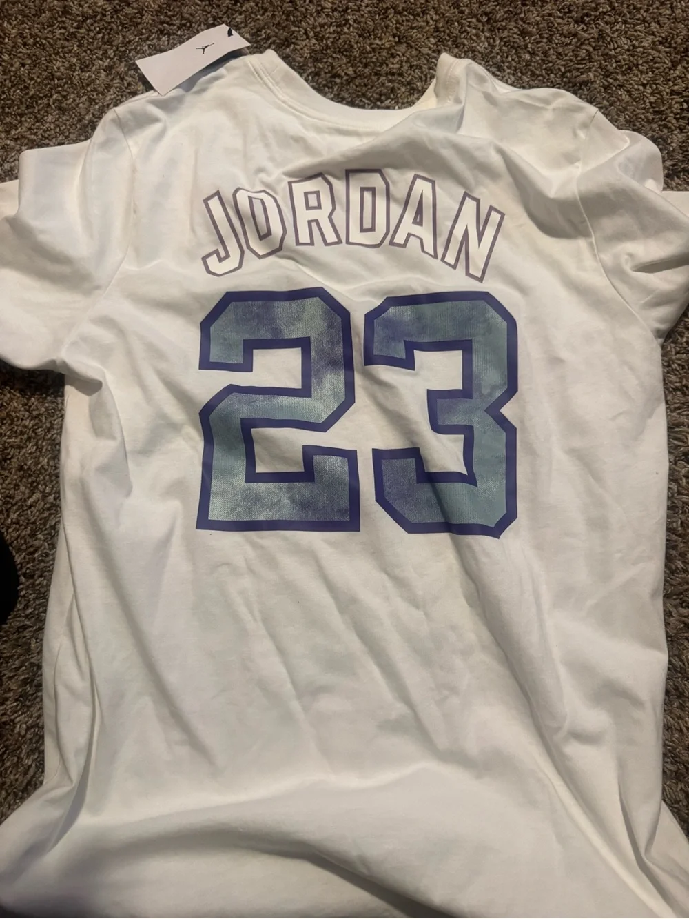 Jordan Men’s White Tee with Purple and Light Blue '23' Back Graphic